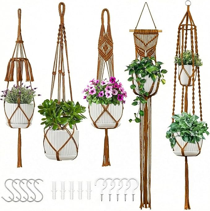 Macrame Plant Hangers 5Pack, Handmade Cotton Rope Hanging Planters for Indoor Plants w/ 5 Set Hooks Hanging Plant Holders Plant Hanger Indoor for Boho Home Decor (Caramel, Planter Pot Not Included)