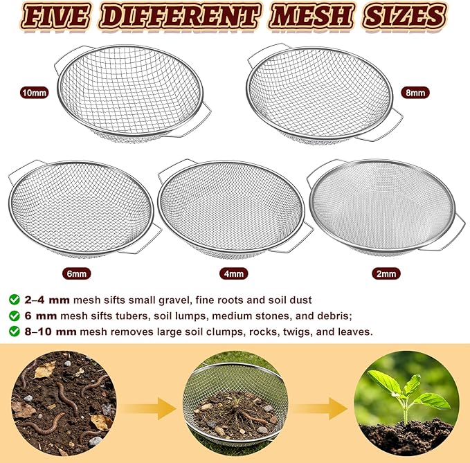 5PCS Soil Sifter, Gardening Soil Sifter with Handle Rock Compost Sifting Screen for 5 Gallon Buckets Garden Metal Sieve Strainer with Shovel 2,4,6,8,10mm Mesh Sizes Remove Stone Fine Gravel Sand Dirt