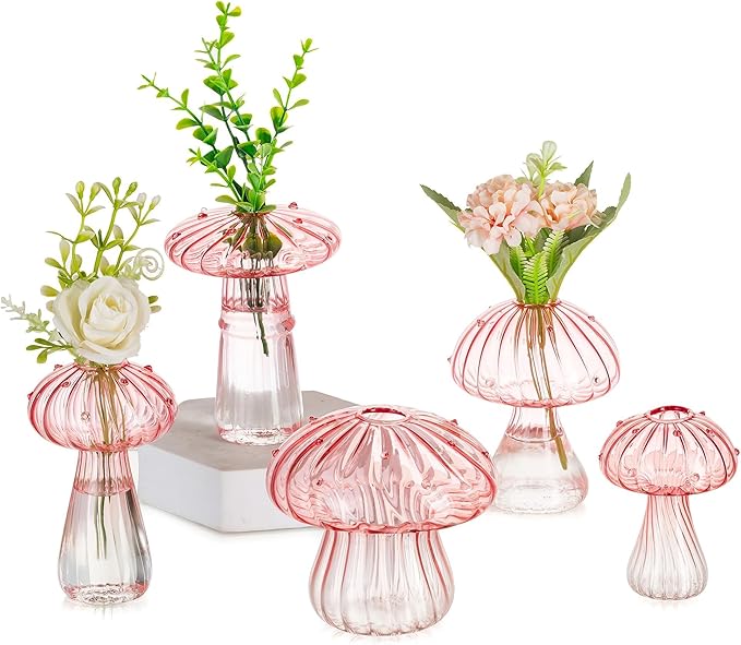 Glasseam Pink Glass Mushroom Vase: Cute Small Flower Vase Set of 5 Unique Mini Bud Vases for Centerpieces Decorative Vases for Flowers Funky Plant Vase Decor