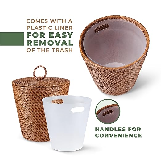 84ECO 3 Gallon Rattan Trash Can with Lid and Liner - Wicker Trash Can for Bathroom, Bedroom, Kitchen, Living Room