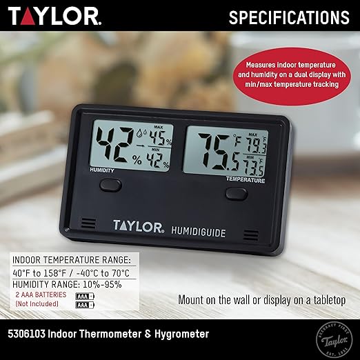 Taylor Wireless Digital Indoor Outdoor Thermometer and Hygrometer, Dual Display for Temperature and Humidity, Easy-to-Read for Home, Office, Greenhouse, Nursery, and Indoor Areas, Min/Max Black