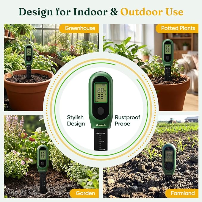 Grenebo 3-in-1 Soil Moisture Meter, Digital Plant Water Meter, Temperature & Sunlight Intensity Sensor, LCD Display Soil Tester for Gardening, Farming, Plant Care, Indoor & Outdoor Plants, 2 Pack