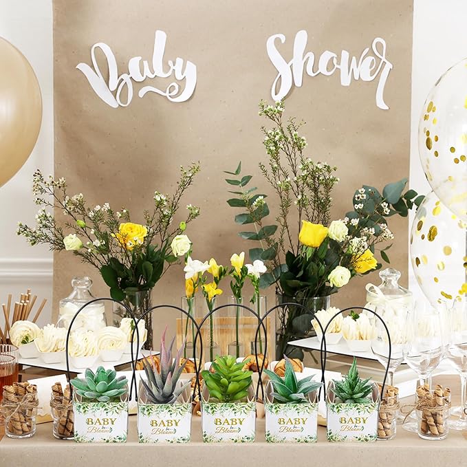 Soaoo 60 Pcs Succulent Baby Shower Favors Bulk Grow Succulents Wrap Bags with Handles Baby in Bloom Plants Paper Pots Gift Boxes Decorations Supplies Plants not Included Fits 2 Inch Pots(Eucalyptus)