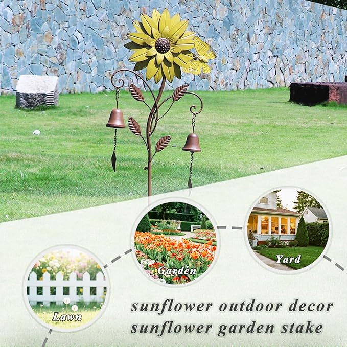 HLQMFHT Sunflower Garden Stake with Bells, Decorative Garden Stakes for Garden Yard Patio Decor