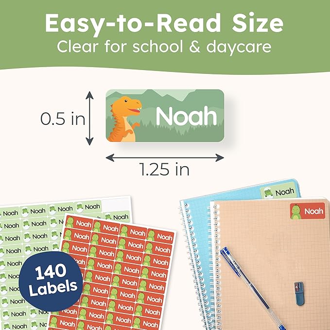 Personalized Name Labels for Kids (140 Labels) - Durable & Waterproof Custom Name Stickers for Clothing Tags, School Supplies, Camp & Daycare - Jurassic (1.2”x0.5”)