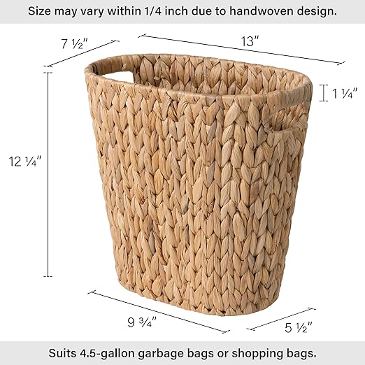 StorageWorks Wicker Waste Basket, Handwoven Water Hyacinth Trash Can with Built-in Handles, Wicker Garbage Can for Bedroom, Bathroom, 1 Pack