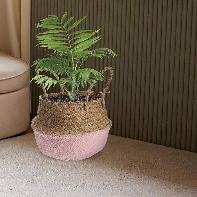Toyvian Woven Seagrass Flower Basket with Handle, 27cm Diameter Decorative Plant Pot for Home Gardening and Living Room Storage, Foldable Pink Rattan Planter for Indoor Use