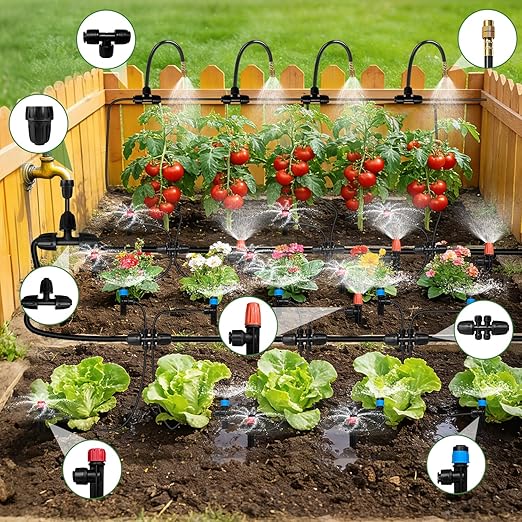 230FT Drip Irrigation System for Garden with 38pcs Adjustable Copper Nozzles & Emitters, Automatic Garden Watering System with 1/2" & 1/4" Tubing for Raised Bed, Yard, Greenhouse, Potted Plants, Lawn