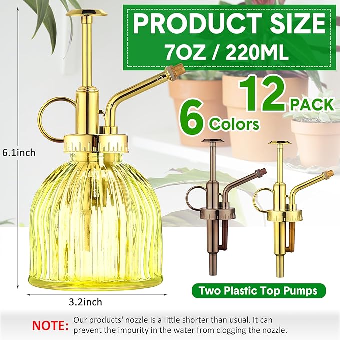 Maxdot 12 Pcs Plant Mister Glass Spray Bottle, 6.1" Tall Vintage Style Decorative Plant Atomizer Watering Can Pot with Plastic Top Pump Succulent Watering Bottle