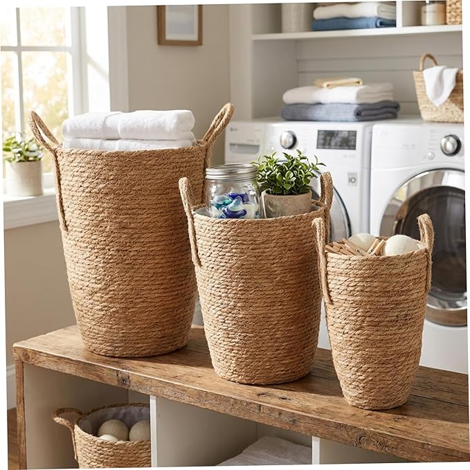 Plant Baskets Indoor, 3PCS Rattan Planter, 3 Sizes Seagrass Woven Plant Basket with Waterproof Liner, Baskets Indoor with Handle for Balcony Home Decoration