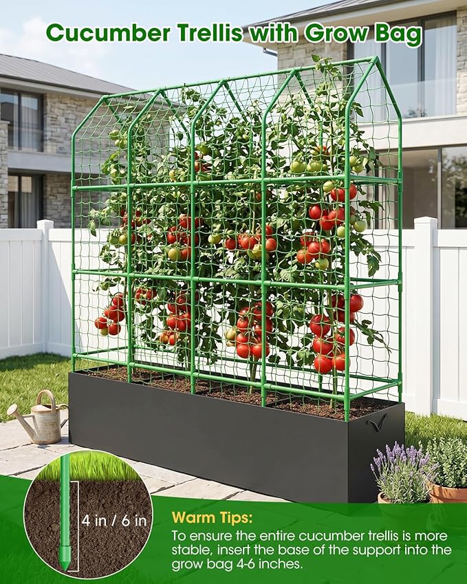 65" Cucumber Planter with Trellis for Climbing Plants Outdoor, Metal Garden Trellis for Raised Bed, Plant Support Structures with Netting for Cucumbers Tomatoes Beans Peas (67 * 17 * 65inch(L*W*H)