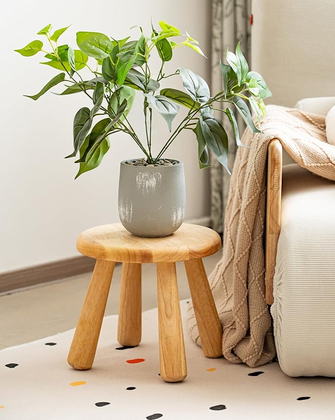 Small Solid Wood Stool, 10" Round Wooden Step Stool for Kids & Adults, Sturdy Plant Stand, Low Sitting Stool for Bathroom, Bedroom & Nursery, Easy Tool-Free Assembly, Natural (1 Pack)