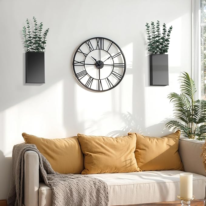 2 Pack Metal Wall Planter Vases Decor with Artificial Eucalyptus, Modern Farmhouse Rustic Hanging Pocket Planters for Indoor Greenery and Flowers, Living Room Bedroom Kitchen Decoration, Black
