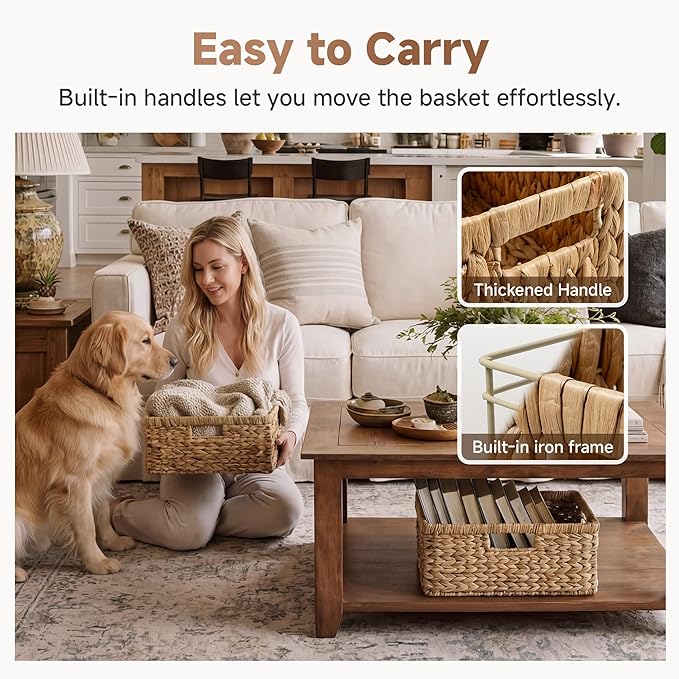StorageWorks Large Rectangular Wicker Basket, Water Hyacinth Storage Basket with Built-in Handles, 1 Pack