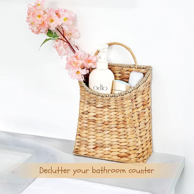Front Door Basket - Rustic Farmhouse Hanging Door Basket, 13x8.5 Inch Water Hyacinth Hanging Woven Basket with Seagrass Mouth for Plants, Mail & Flowers Storage, Entryway Home Decor