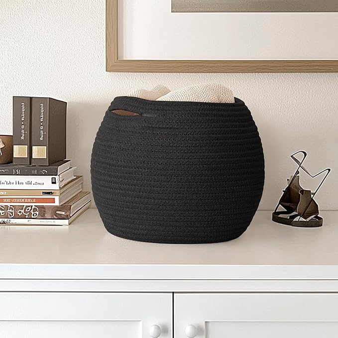 MEGASKET Black Woven Storage Basket, 11" x 9" Indoor Plant Basket for Decor, Decorative Small Cotton Rope Bin for Organizing Pet Toy, Gifts, Towel, Cloth, Socks, Wicker Planter Holder, Modern Shoe Bin