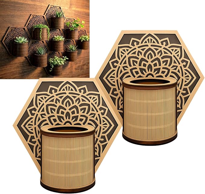 Mandala Style Hexagonal Wall Planter Set - 3D Laser-Cut Wood Vertical Garden for Succulents and Herbs - Unique Geometric Wall Decor for Indoor Plants (2pc)