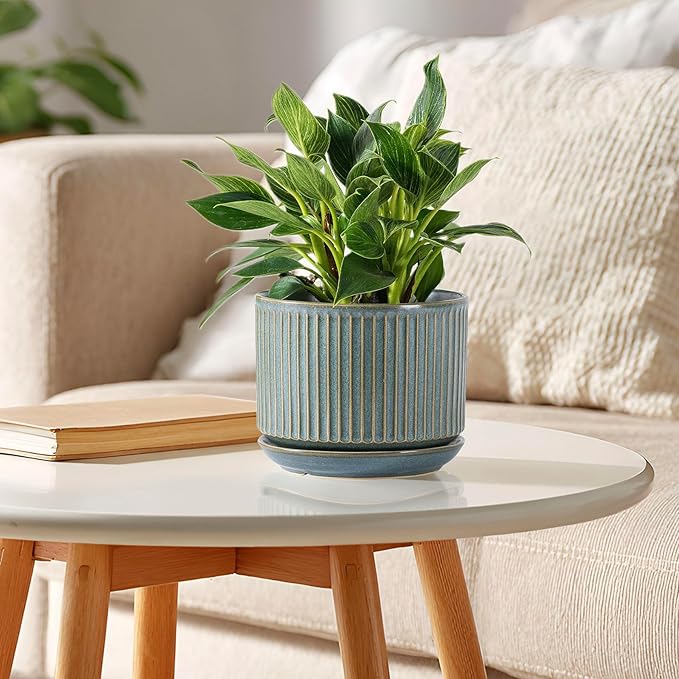 SURE YUESI Green Ceramic Plant Pots Set of 3 (4.3”+5.5”+6.7”), Indoor Striped Planters with Drainage Hole, Mesh Pads, Decorative Pots for Plants & Gardening