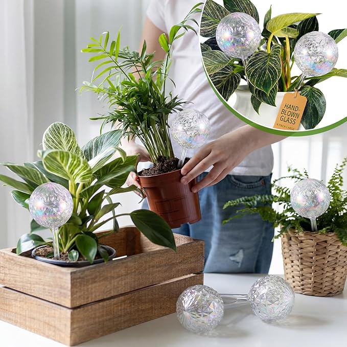 Thenshop 6 Pack 17 oz 2 Weeks Plant Watering Globes Large Self Watering Devices Iridescent Glass Bulbs with Complete Accessories Automatic Drip Irrigation for Patio Lawn Vacation Plant Slow Release