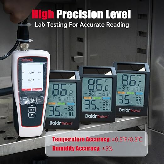 BaldrTherm Room Thermometer Indoor Humidity Meter Solar Powered with Max/Min Memory & Comfort Indicator - 3.2" Large Display for Home, Black, 1Pack