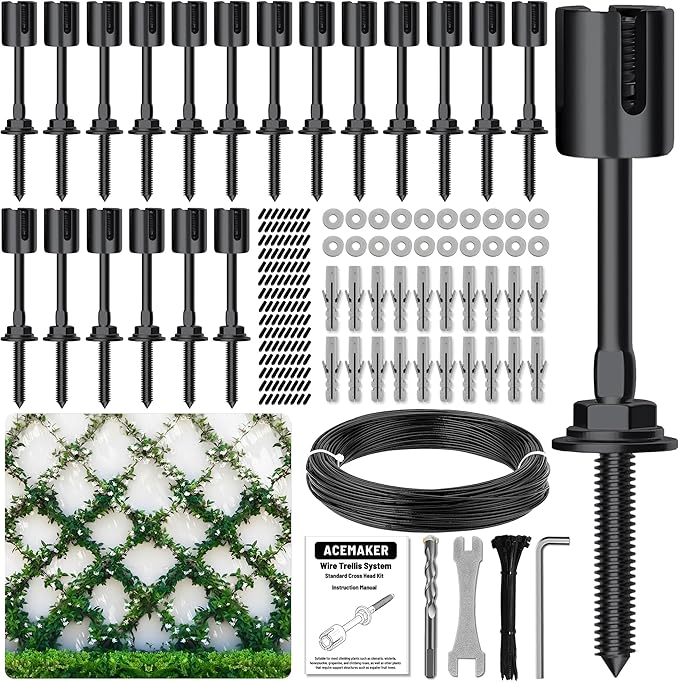 20-Set Black 1/8" Wire Trellis for Climbing Plants Outdoor with 98ft Vinyl Coated Cable, T316 Stainless Steel Wall Wire Trellis Kit