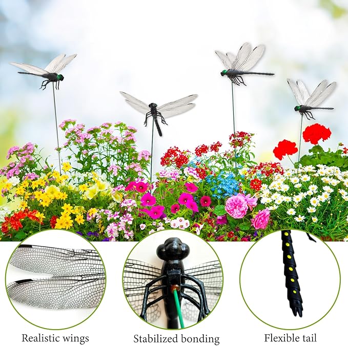 10 Pcs Dragonfly Decorative Stakes, Lifelike 3D Big Dragonflies PVC Dragon Fly Garden Stake for Indoor Outdoor Yard Balcony Plant Flower Pot Decor (Black)