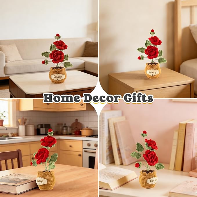 Crochet Flowers with Personalized Leather Name Tag Handmade Knitted Flowers for Home Office Desk Decor Crochet Rose Flower Potted Plant Crochet Gift for Women,Mom,Teacher, Birthday(Red)