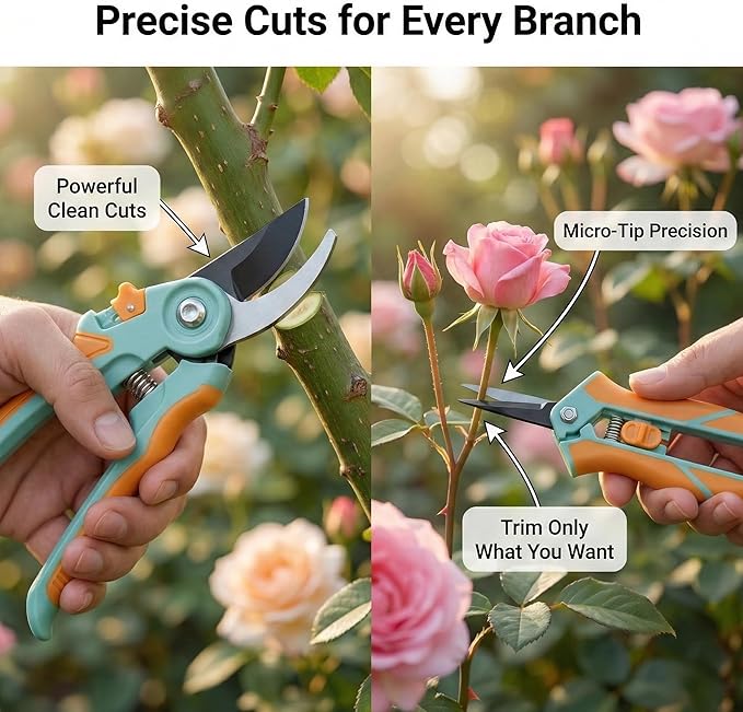 NEXON Garden Pruning Shears 2 Pack, 8" Bypass Hand Pruner & 6.25" Precision Garden Scissors, Professional Garden Clippers for Plants and Flowers