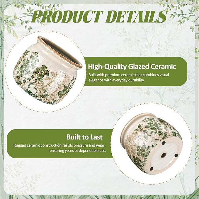 Vintage Planter Large Ceramic Plants Pot Beige Green Leaves Ice Crack Farmhouse Scroll Vase Flower Vase Pot Indoor Outdoor Home Kitchen Decor Rustic Cottage Antique Decorative Plants Gift