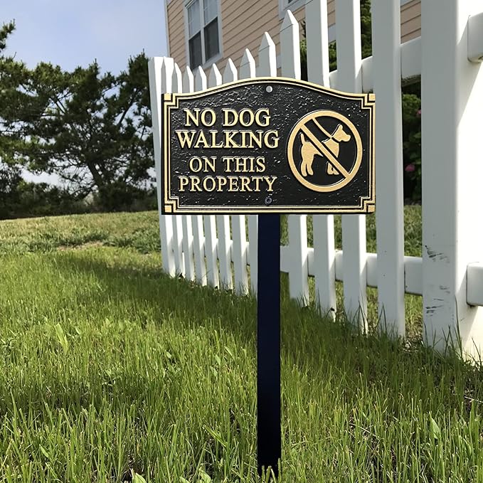 SmartSign “No Dog Walking On This Property” GardenBoss Statement Plaque | 5.75" x 9.5" Aluminum Plaque with 18" Black Lawn Stake, Made in USA