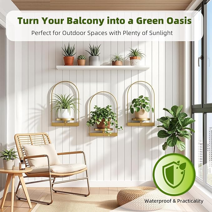 3 Pack Gold Wall Plant Holder for Indoor Plants, Metal Wall Mounted Plant Shelf for Small Pots, Decorative Hanging Wall Planter Display, Modern Wall Decor for Living Room, Bedroom, Entryway, Office