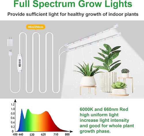 2 Head 13" Growing Lamp for Indoor Plants, Red & White Full Spectrum LED Grow Light Strips with Auto ON/Off, 3/9/12H Timer,10 Dimmable Levels for Green House Seedlings