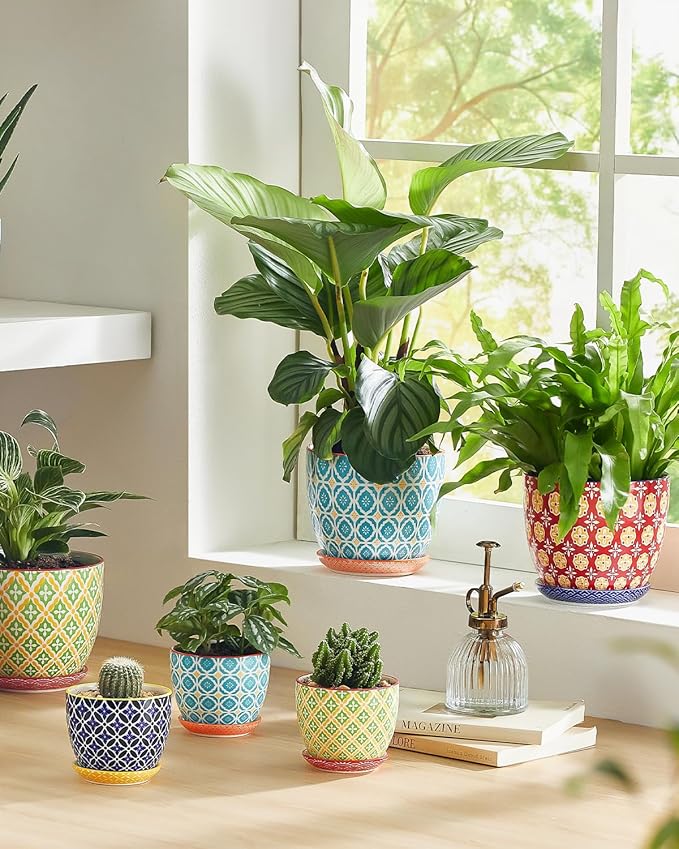 Metahom Ceramic Plant Pots, 5.8 Inch Flower Pots for Indoor Plants, Colorful Planters with Drainage Hole & Saucer, Garden Planters for Succulent, Orchid, Cactus, Home Decor, Set of 4