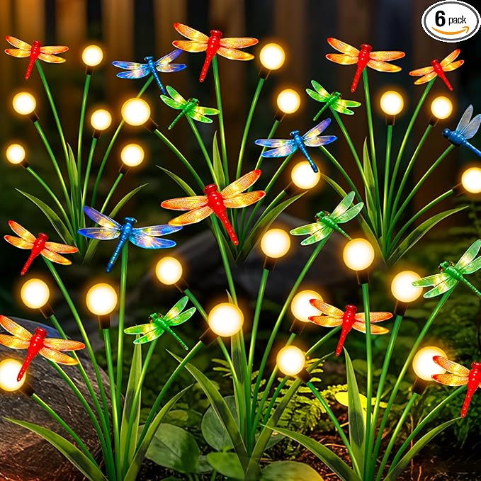 6 Pack Dragonfly Decorative Garden Stakes, 24Pcs 3D Dragonfly Decorations with Solar Firefly Lights Realistic Waterproof Dragonflies Solar Lights Outdoor for Yard Art Patio Plant Pot Flower Bed Lawn