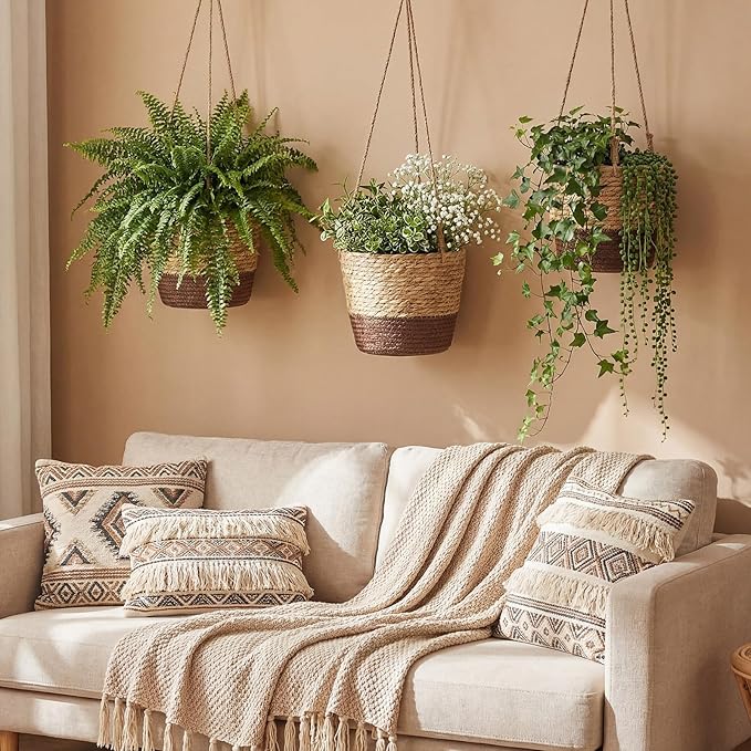 6 Pcs Seagrass Hanging Planter Basket Hand Woven Plant Basket with Plastic Liners Hanging Plant Holder Storage Containers with Cotton Rope for Indoor Garden Decor (Small,Brown,Coffee Brown)