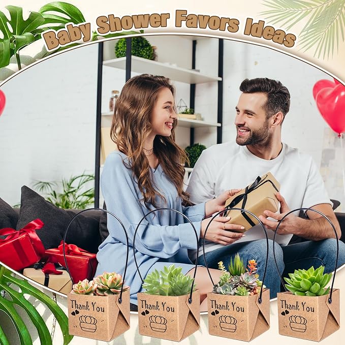 50PCS Thank You Succulent Wrap, Fits 2 Inch Pots Succulent Wrap Bag with Plastic Handle Kraft Paper Sleeve Succulent Tags for Shower Party Favors Ideas (50PCS-Thank You)