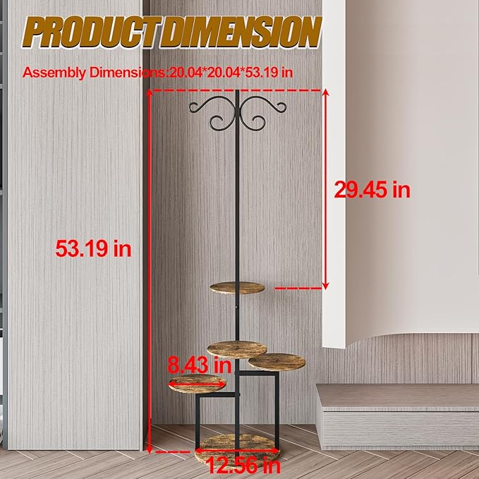 INGIORDAR Plant Stand Indoor Outdoor Corner Plant Shelf for Multiple Flower Pots Flower Stand Holder for Patio Garden Balcony Living Room (Black+Rustic Brown, 5 Tier with Hook)