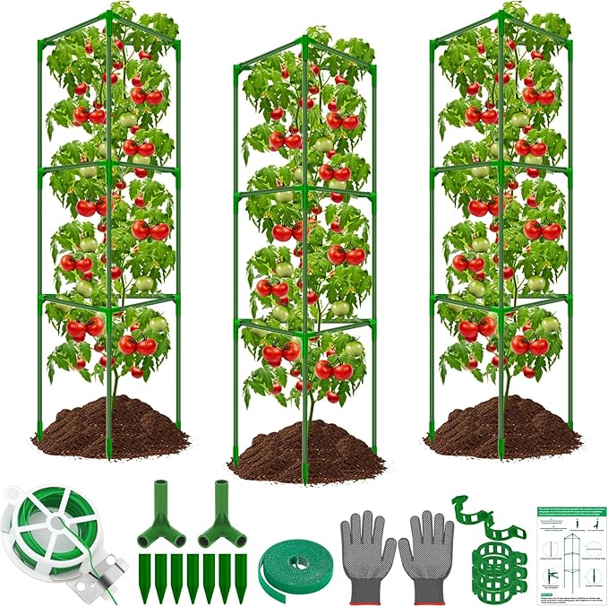 3 Packs Fiberglass Tomato Cages for Garden, 56 Inch Tall Tomato Plant Support, Adjustable Tomatoes Stakes Plant Climbing Trellis for Garden Vegetables Fruits, Tomatoes Support Cages with Clips