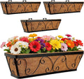 24 Inch Window Box Planter with Adjustable Brackets for Hanging Outdoor Plants, 4 Pack Railing Planter Boxes with Coco Liners for Balcony Deck Porch & Patio Garden Decor, Black