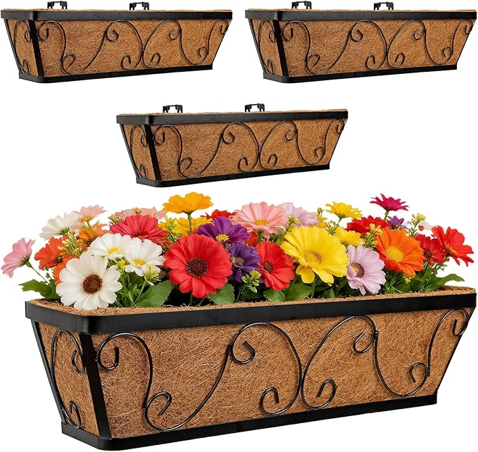 24 Inch Window Box Planter with Adjustable Brackets for Hanging Outdoor Plants, 4 Pack Railing Planter Boxes with Coco Liners for Balcony Deck Porch & Patio Garden Decor, Black