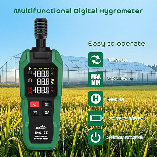 Temperature Humidity Meter, SQECH Digital Hygrometer with Ambient Thermometer,Dew Point,Wet Bulb,Flashlight,Max/Min,Data Hold,High Precision Psychrometer Monitor with Color Backlight for Home HVAC