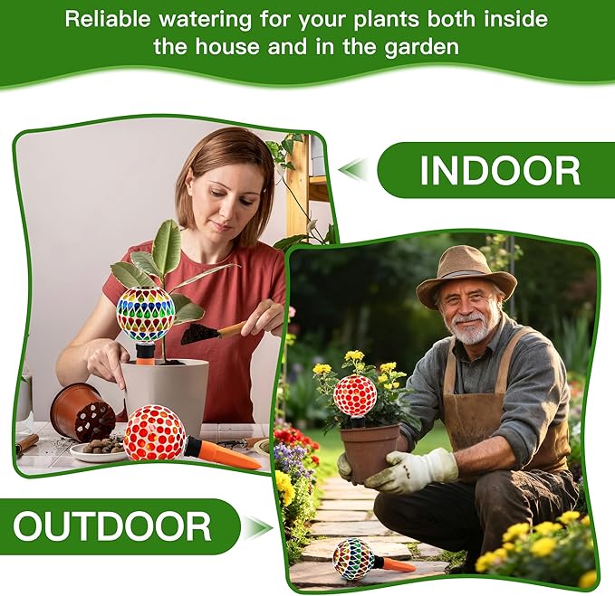 SAVENNA Mosaic Plant Watering Globes with Terracotta Spikes, 17oz Glass Self Watering Globes for Indoor & Outdoor Potted Plants, Decorative Water Drippers, Set of 2