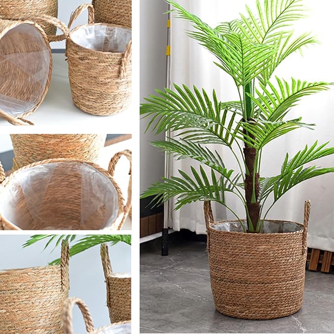 Woven Straw Flower Pot, Sea-Grass Planter Basket, Wicker Rattan Vase Sundries Organizers Storage Bins, Hand Woven Basket Planter with Plastics Liners and Handle - XXXL13.77x13.77x16.93in