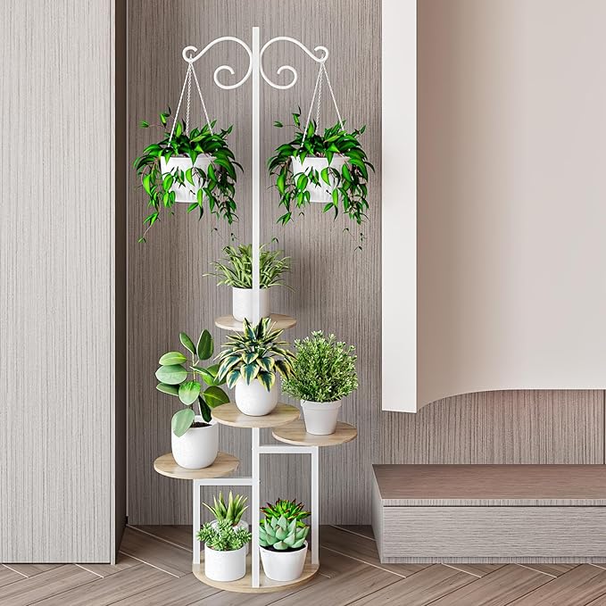 INGIORDAR Plant Stand Indoor Outdoor Corner Plant Shelf for Multiple Flower Pots Flower Stand Holder for Patio Garden Balcony Living Room (White+Sonoma Oak, 5 Tier with Hook)