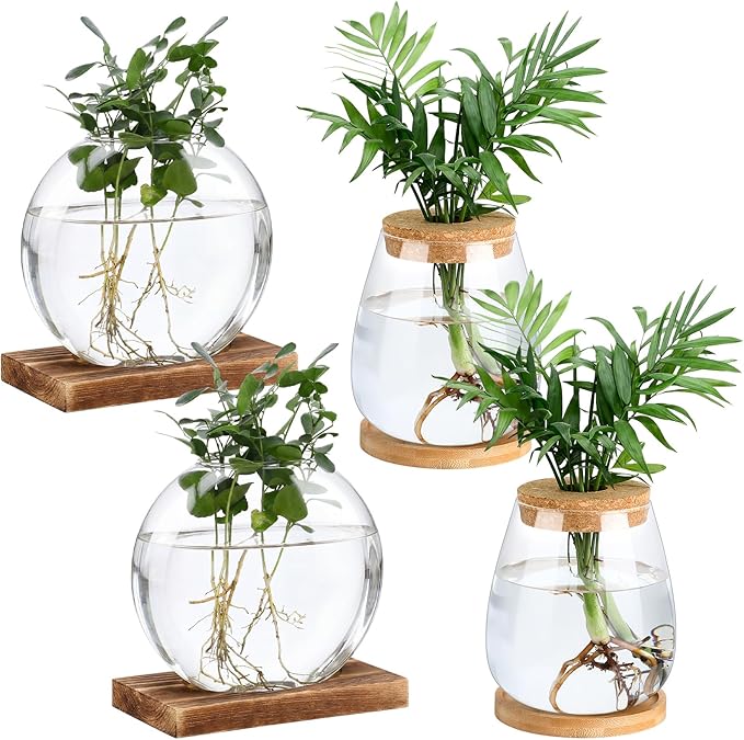 Layhit 4 Pcs Plants Propagation Stations vases Glass Planters with Wooden Lid and Bamboo Stand for Hydroponic Plants Gardening Gifts for Women Mom Home Office Tabletop Decoration(Cute Style)