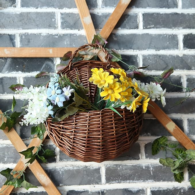 JJSQYLAN JJSQ Handmade Woven Wicker Hanging Storage Basket, Wall Decorations for Home Garden Wedding, Brown, 14.2×11.8×4.7 inch