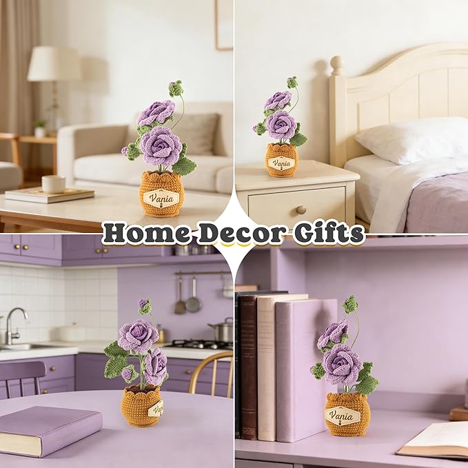 Crochet Flowers with Personalized Leather Name Tag Handmade Knitted Flowers for Home Office Desk Decor Crochet Rose Flower Potted Plant Crochet Gift for Women,Mom,Teacher, Birthday(Purple)