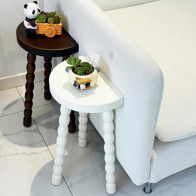 LitaEther Wooden Bobbin Side Table - Plant Stand - Half Round Table - Wooden Accent Stool- Minimalist Decorative Table for Bedroom, Hallway, Living Room (1, White)