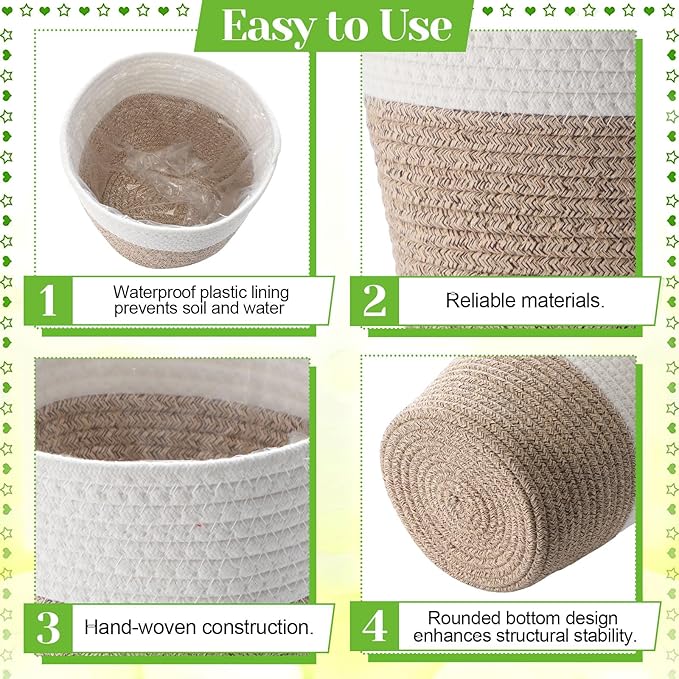 4 Pcs Cotton Rope Plant Baskets Indoor Woven Flower Baskets with Plastic Liner, Plant Planter for Indoor Outdoor Spring Rustic Boho Home Farmhouse Floor Potted Pots Decor