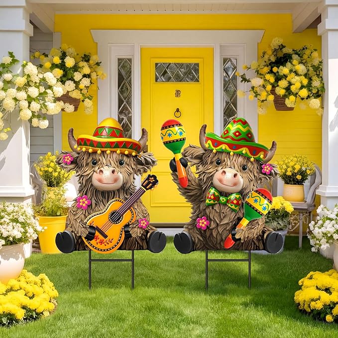 Amyhill 2 Pcs Cinco De Mayo Highland Cow Garden Stakes, Mexican Fiesta Metal Outdoor Decor, Western Cowboy Welcome Yard Signs for Patio, Lawn, Walkway, Garden, Cinco De Mayo Party Decorations
